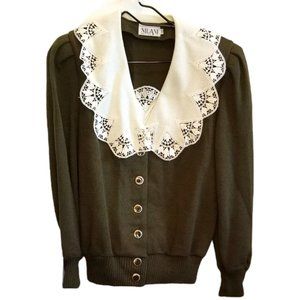 Vintage 80s Green Cardigan Sweater Oversized Collar Secretary Sz M